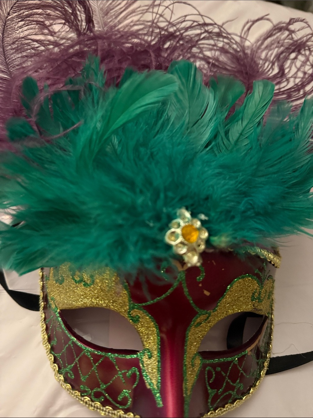 Feathered Venetian Style Masquerade Mask - Green & Purple